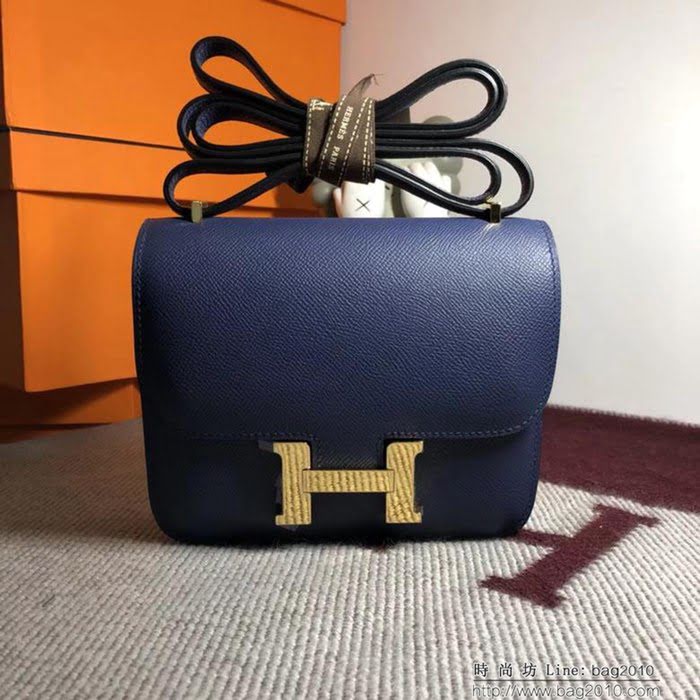 HERMES愛馬仕 空姐包 constance 午夜藍 EPSOM 18cm 金扣 蠟線縫製 單肩斜挎包  Ama1513